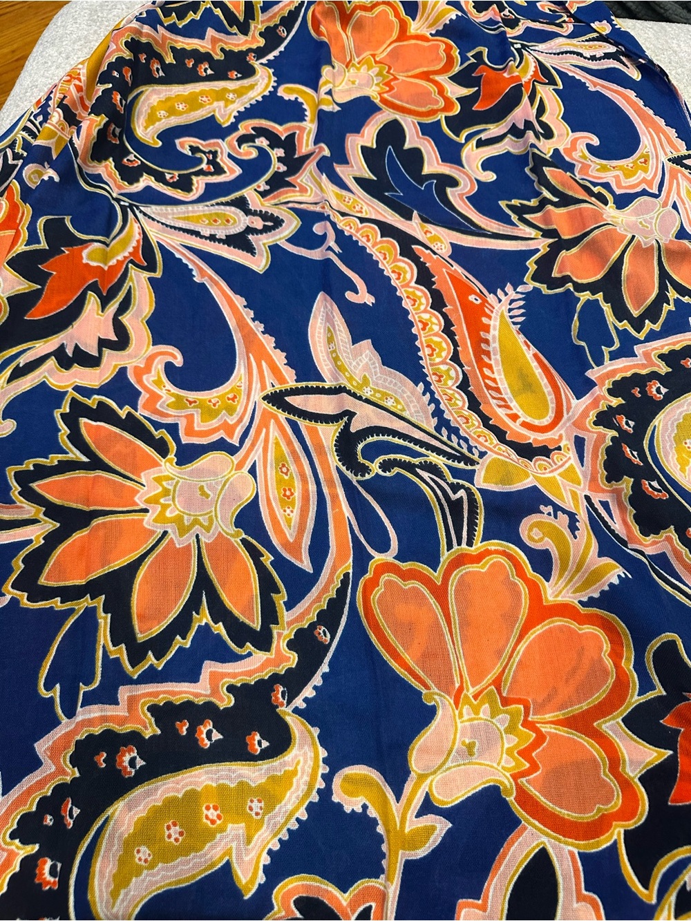 Lands' End Navy Scarf with Orange, Yellow & Pink Paisley Floral Print - Picture 6 of 8